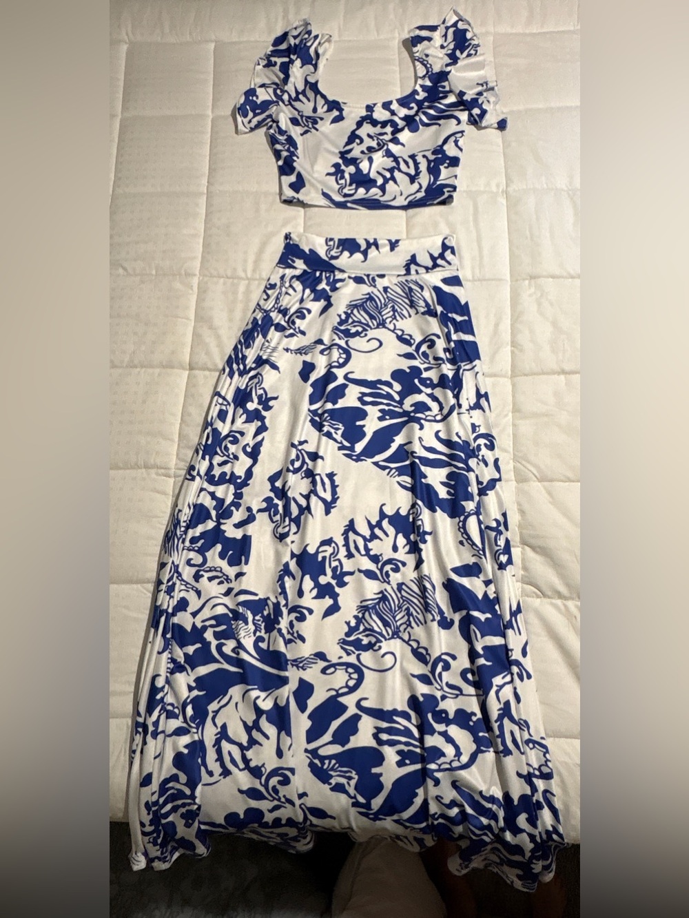 Blue and White Floral Maxi Skirt
